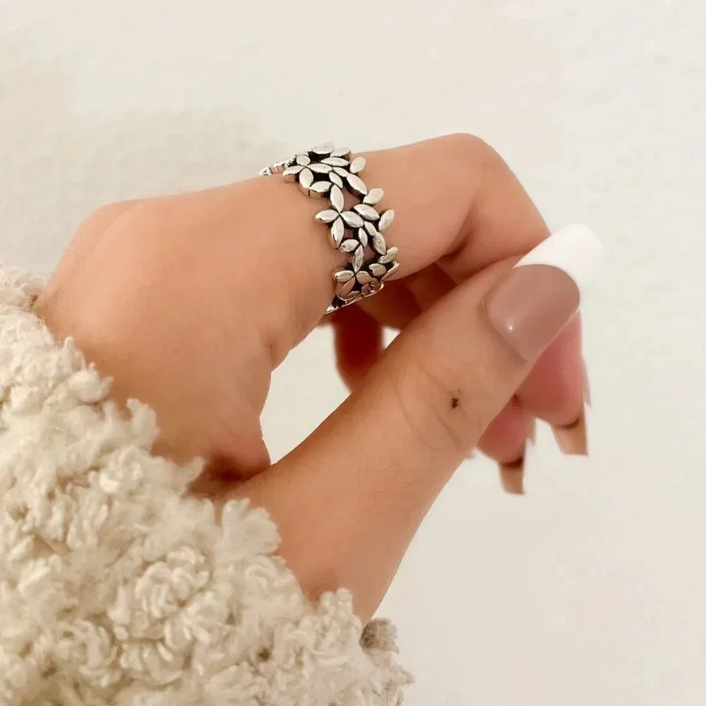925 Sterling Silver Flower Ring Geometric Ring Leaf Ring Silver Chunky Ring